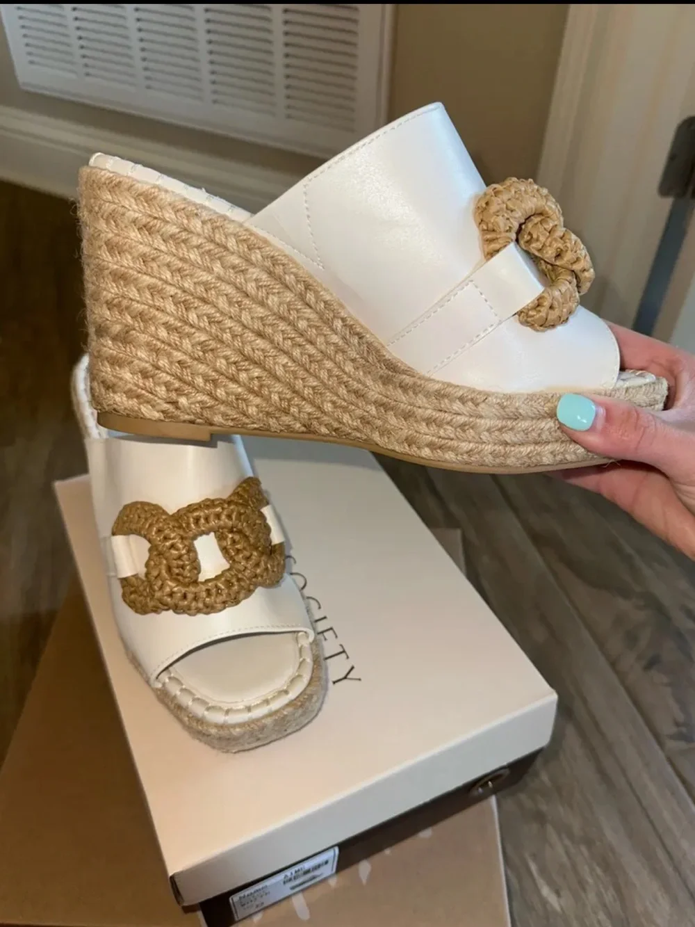 White Espadrille Wedge Slide with Natural Rope Accent